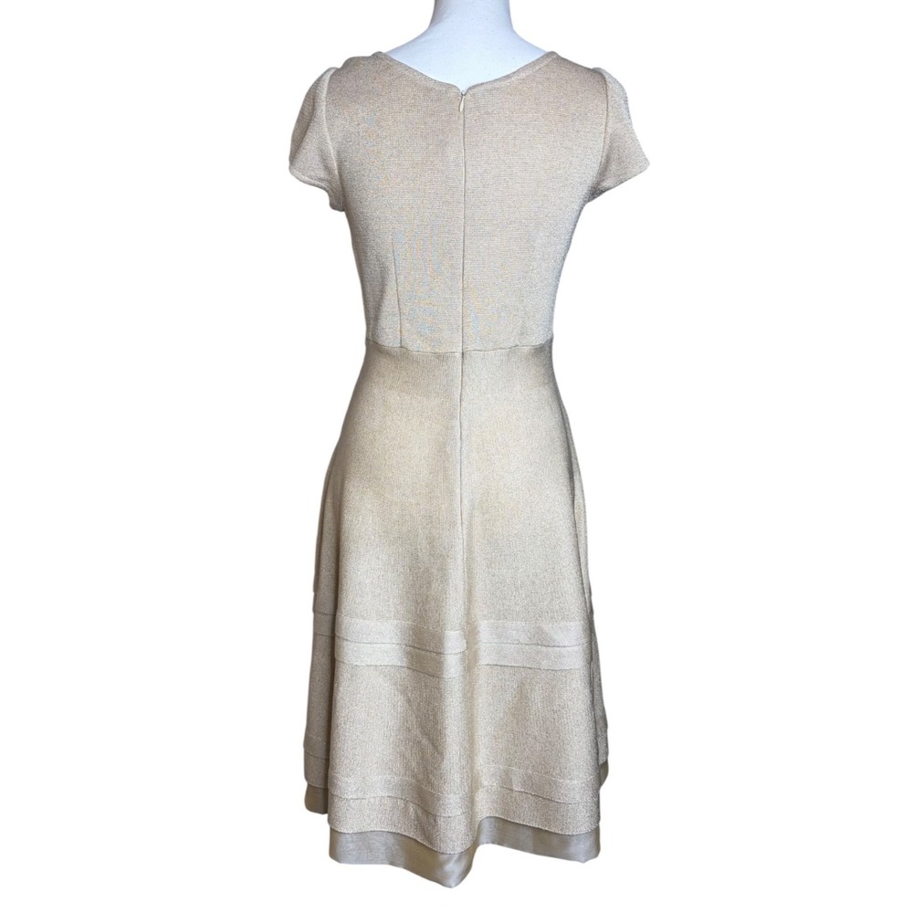 ST JOHN Gold Metallic Dress 8 Stretch Knit A-Line Quiet Luxury Wedding Guest - Picture 4 of 15